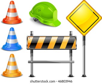 Road warning cone, sign for construction works and helmet isolated on white background