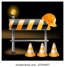 Road warning cone, sign for construction works and helmet isolated on black background