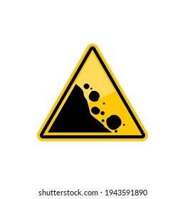 Road warning sign falling black stones in yellow triangle isolated icon. Vector rock falling area, mountain collapse , natural downward. Warning or precaution about stones fall down, natural disaster