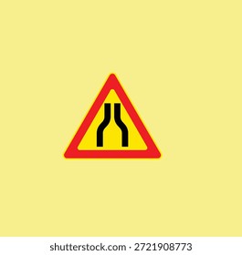 Señal de advertencia de la carretera que indica que la carretera se estrecha en ambos lados. Signo de precaución triangular con borde rojo, símbolo negro y fondo amarillo. Ilustración vectorial plana aislada para la seguridad del tráfico y la señalización del transporte.