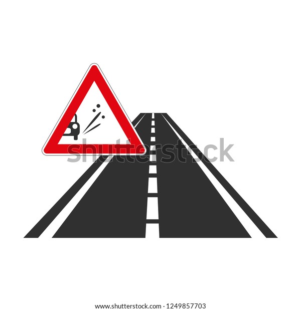 The road with
warning sign on white
background.