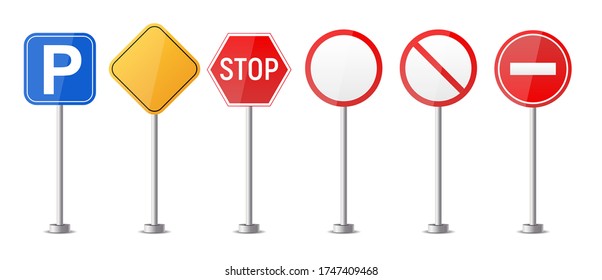 Road warning sign,  traffic regulatory template  isolated on white background collection set. Vector Illustration EPS10