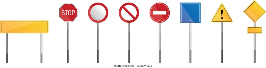 Road warning sign vector collection, traffic regulatory template isolated on white background.  Direction traffic signs boards on metal stand