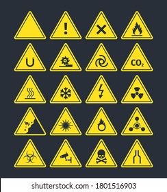 Road warning signs set. Triangular yellow symbols increased fire peril danger of loose soil radioactive alarm lethal electrical voltage ice deposit ahead biological hazard. Information vector.