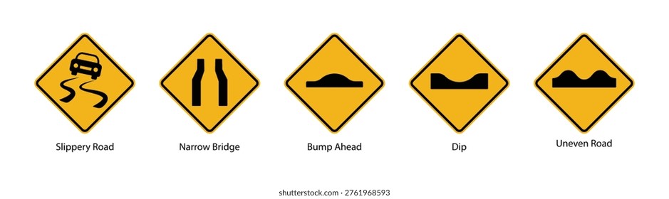 road warning signs slippery narrow bridge bump dip uneven surface traffic safety icons