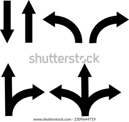 Road way arrow icon set. Fork sign, two way, three way arrow. Right and left direction in vector flat style. Replaceable vector design.