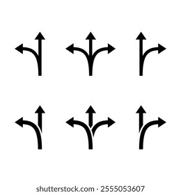 Road way arrows turn left or right or straight sign isolated vector illustration on white background.