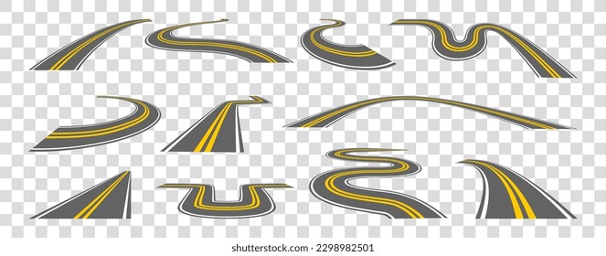 Road way. Automobile path. Straight and curve in perspective. Route to horizon line. Highway lane. Car transportation. Isolated speedway elements set. Vector current cartoon illustration