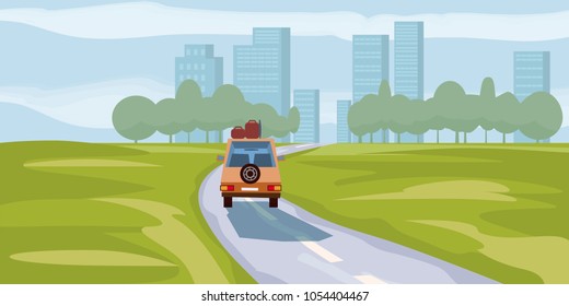 Road way to city buildings on horizon vector illustration, car highway cityscape cartoon style, modern big skyscrapers town far away ahead, perspective landscape and city view, vector