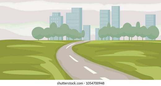 Road way to city buildings on horizon vector illustration, highway cityscape cartoon style, modern big skyscrapers town far away ahead, perspective landscape and city view, vector