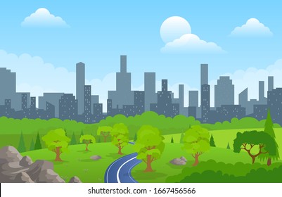 Camino a los edificios de la ciudad en el horizonte ilustración vectorial, caricaturas planas de paisajes de la ciudad, grandes rascacielos modernos ciudad lejos de adelante, perspectiva forestal paisaje y vista de la ciudad