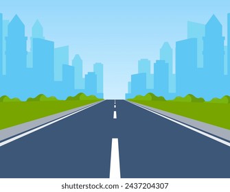 Road way to city buildings on horizon. highway cityscape, modern big skyscrapers town far away ahead, Vector illustration in flat style