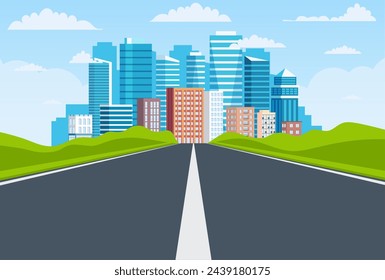 Road way to city buildings on horizon. highway cityscape, modern big skyscrapers town far away ahead, Vector illustration in flat style