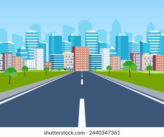 Road way to city buildings on horizon. highway cityscape, modern big skyscrapers town far away ahead, Vector illustration in flat style