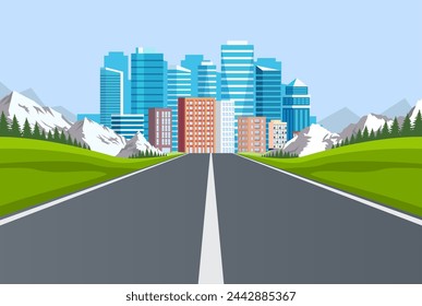 Road way to city buildings on horizon. highway cityscape, modern big skyscrapers town far away ahead, Vector illustration in flat style