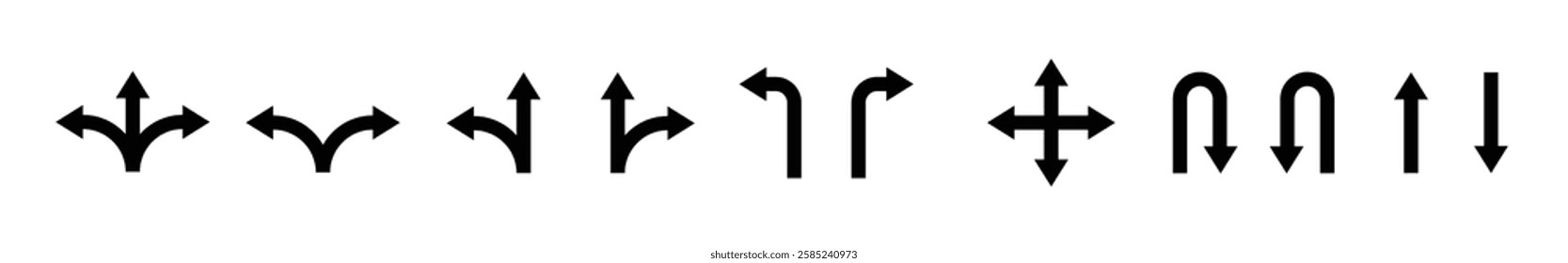 Road or way direction arrow sign vector icon set. One-way, Two-way, Three-way direction arrow sign. Fork sign, Way pointer symbol. Turn arrow navigation sign. Traffic route. Vector illustration.