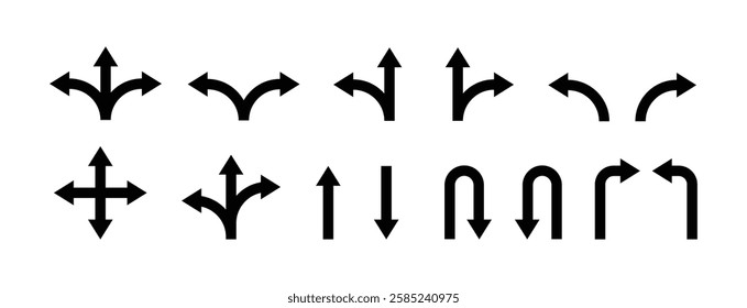 Road or way direction arrow sign vector icon set. One-way, Two-way, Three-way direction arrow sign. Fork sign, Way pointer symbol. Turn arrow navigation sign. Traffic route. Vector illustration.