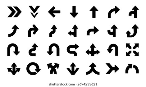Road or way direction arrows isolated set. Collection of black road direction signs. Road navigation arrows. Traffic route. Vector illustration.