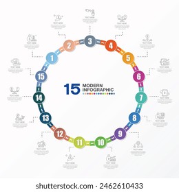 Road Way Infografik Kreis von 15 Schritten und Geschäftssymbole für Geschäftsprozessschritte., Verwendet für Prozessdiagramm, Präsentationen, Workflow-Layout, Flussdiagramm, Infograph. Vektorgrafik EPS10 Abbildung.