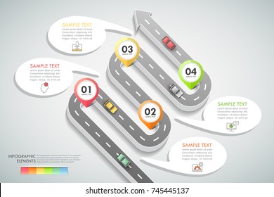 Road way infographic template 4 options. can be used for workflow layout, diagram, number options, timeline and steps