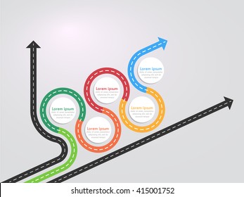 Road way location infographic template with a phased structure. Winding road timeline. Stylish Serpentine in the form of arrows. Vector EPS 10