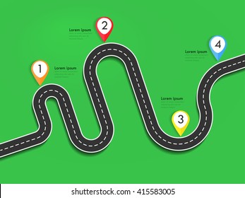 Road way location infographic template with pin pointer. Winding road on a colorful background. Stylish streamers. Vector EPS 10