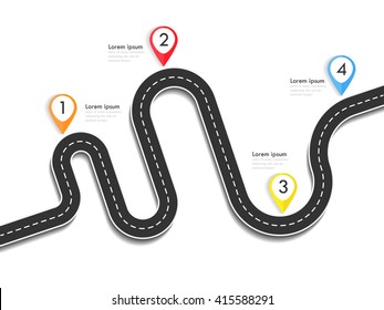 Road way location infographic template with pin pointer. Winding road on a colorful background. Stylish streamers. Vector EPS 10