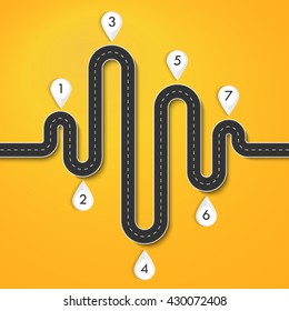 Road way location infographic template. Winding road on a colorful background. Road for the journey. Infographics for the journey. Stylish streamers. Vector EPS 10