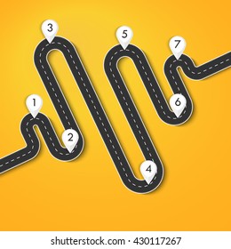 Road way location infographic template. Winding road on a colorful background. Road for the journey. Infographics for the journey. Stylish streamers. Vector EPS 10