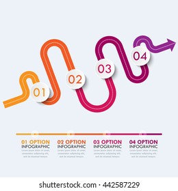 Road way location infographic template with a phased structure. Winding road timeline. Stylish Serpentine in the form of arrows. Vector EPS 10