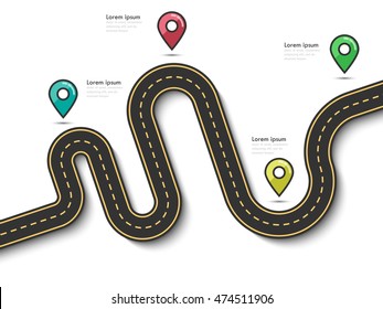 Road way location infographic template with pin pointer. Winding road on a white background. Stylish streamers. Modern flat design thin line infographic. Vector EPS 10