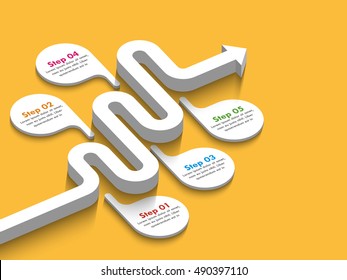 Road way location infographic template with a phased structure. Winding road timeline. Stylish 3D Serpentine in the form of line arrows. Vector EPS 10