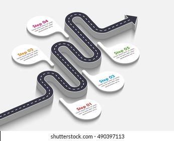 Road way location infographic template with a phased structure. Winding road timeline. Stylish 3D Serpentine in the form of line arrows. Vector EPS 10