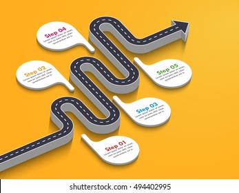 Road way location infographic template with a phased structure. Winding road timeline. Stylish 3D Serpentine in the form of line arrows. Vector EPS 10