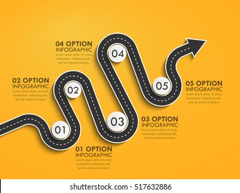 Road way location infographic template with a phased structure. Winding road timeline. Stylish Serpentine in the form of arrows. Vector EPS 10