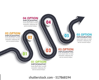 Road way location infographic template with a phased structure. Winding road timeline. Stylish Serpentine in the form of arrows. Vector EPS 10