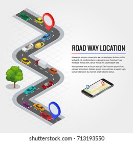 Road way location and Mobile gps navigation. Flat isometric high quality city transport car urban public and freight transport for infographics