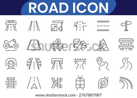 Road web line icon set. Road highway crossroad web design icon. Set of street, highway, signpost, directions, parking, route, urban , infrastructure, traffic systems and more. Road overpass crossroad roundabout flat collection. Vector illustration.