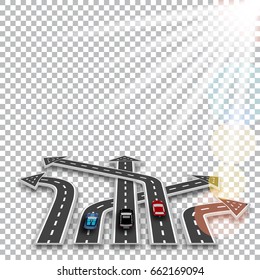 The road with a white marking, three-dimensional in perspective in the form of arrows with a shadow on the checker background. Cars. Sun rays. Abstract. Vector illustration