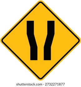 Road widening on left and right road sign. Road widening on left and right traffic sign. Yellow diamond of traffic signs, road signs. Collection traffic sign and symbols. Guide character sign vector illustration, collection for graphic and web design.