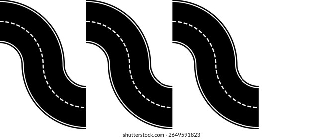 Road, winding and fork highway. Winding road. isolated on transparent background. Journey two lane curve asphalt pathway going into the distance. Route direction and navigation signs.