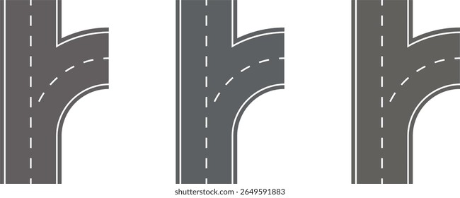 Road, winding and fork highway. Winding road. isolated on transparent background. Journey two lane curve asphalt pathway going into the distance. Route direction and navigation signs.
