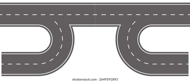 Road, winding and fork highway. Winding road. isolated on transparent background. Journey two lane curve asphalt pathway going into the distance. Route direction and navigation signs.