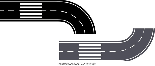 Road, winding and fork highway. Winding road. isolated on transparent background. Journey two lane curve asphalt pathway going into the distance. Route direction and navigation signs.