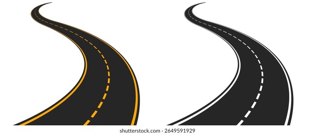 Road, winding and fork highway. Winding road. isolated on transparent background. Journey two lane curve asphalt pathway going into the distance. Route direction and navigation signs.