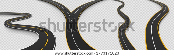 Road, winding and fork highway isolated on
transparent background. Journey two lane curve asphalt pathway
going into the distance. Route direction and navigation signs for
map, Realistic 3d vector
set
