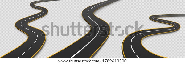 Road, winding highway isolated on transparent\
background. Journey two lane curve asphalt pathway going into the\
distance. Route direction and navigation signs for map, Realistic\
3d vector icons set
