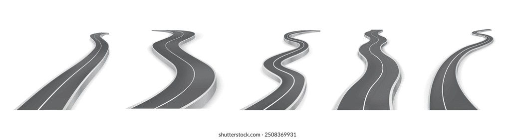 Road, winding highway. Vector isolated set of realistic asphalt ways for vehicles and traveling. Route for automobiles and transport. Travel and trip, direction of pathway going into the distance