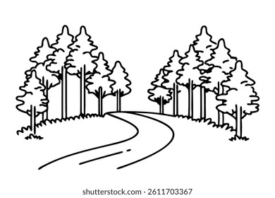 The road winds through woods, line art flat vector illustration.