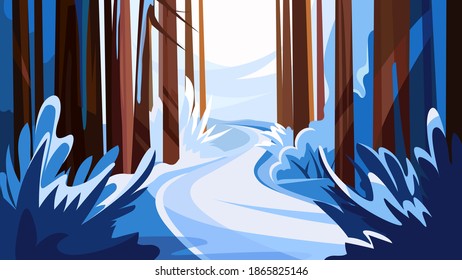 Road in winter forest. Beautiful nature landscape.